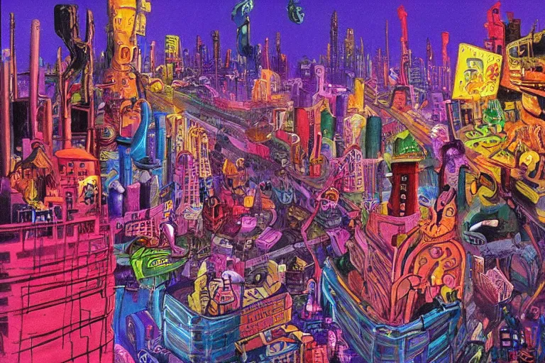 Image similar to surreal colorful nightmarish cityscape, artwork by Ralph Bakshi