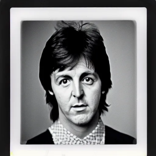 Image similar to Polaroid Portrait of 1970s Paul McCartney, taken in the 1970s, photo taken on a 1970s polaroid camera, grainy, real life, hyperrealistic, ultra realistic, realistic, highly detailed, epic, HD quality, 8k resolution, body and headshot, film still, front facing, front view, headshot and bodyshot, detailed face, very detailed face, by Andy Warhol