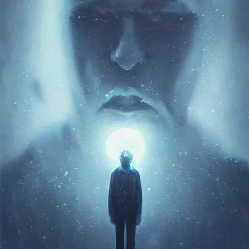 Image similar to 3 d, sci - fi, close - up, winter, man esthete with disgust face, moon, cinematic, fog, moon rays, vogue cover style, poster art, deep blue mood, realistic painting, intricate oil painting, high detail illustration, figurative art, multiple exposure, poster art, by tooth wu and wlop and beeple and greg rutkowski