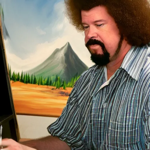 Image similar to a closeup photorealistic photograph of bob ross working on an image of kenny powers autographing a baseball on a canvas. mountains and trees. film still. brightly lit scene. this 4 k hd image is trending on artstation, featured on behance, well - rendered, extra crisp, features intricate detail, epic composition and the style of unreal engine.