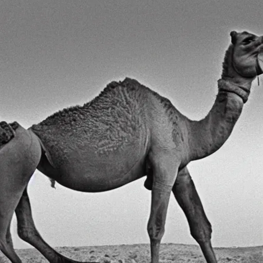 Prompt: the camel from the camel cigarettes logo with what appears to be the hazy image of a man in profile hidden in the pattern of fur on the camel, with his hands on his hips, just lined up with the camel's front legs and facing towards its rear