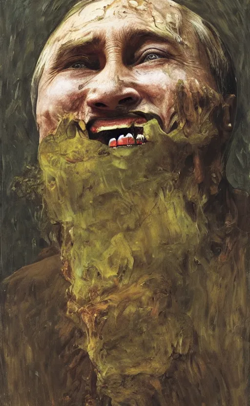Prompt: Putin devouring used diapers covered in brown substance, Putin portrait, brown liquid dripping down mouth, face of fear, ugly body painted by Lucian Freud, Ilya Repin