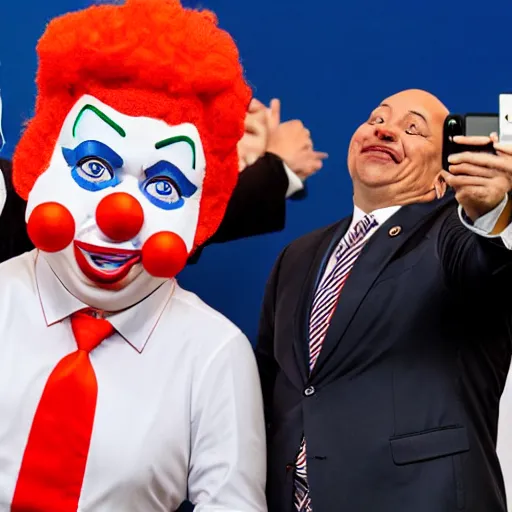 Prompt: a president with clown face taking a selfie in a podium next to first minister