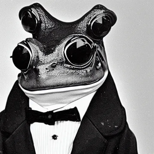 Image similar to An old photo of a sophisticated frog in a nice suit, he is totally lost in a field, hands in pockets