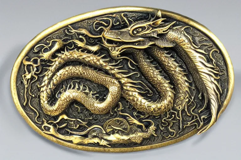 Image similar to belt buckle made of bronze, embossed dragon