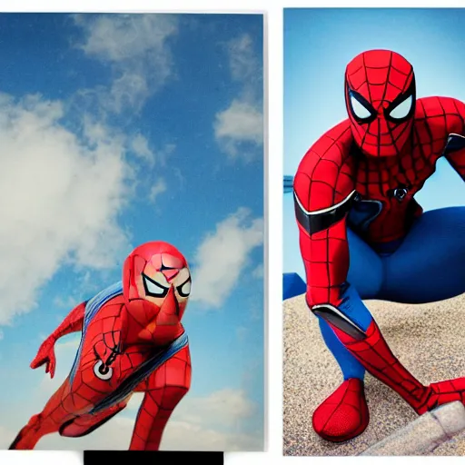 Image similar to a single iron man and spider - man hybrid, dslr, polaroid