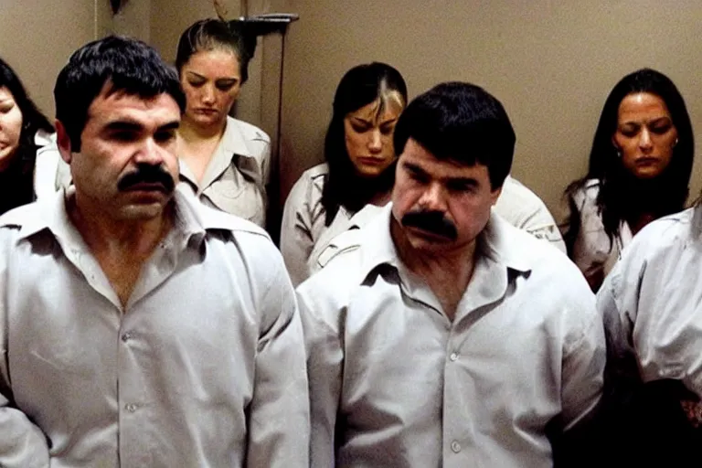 Image similar to el chapo is meditating with his 3 wives in the middle of a prison cell. he is a pimp. the female correctional officer has a crush on him.