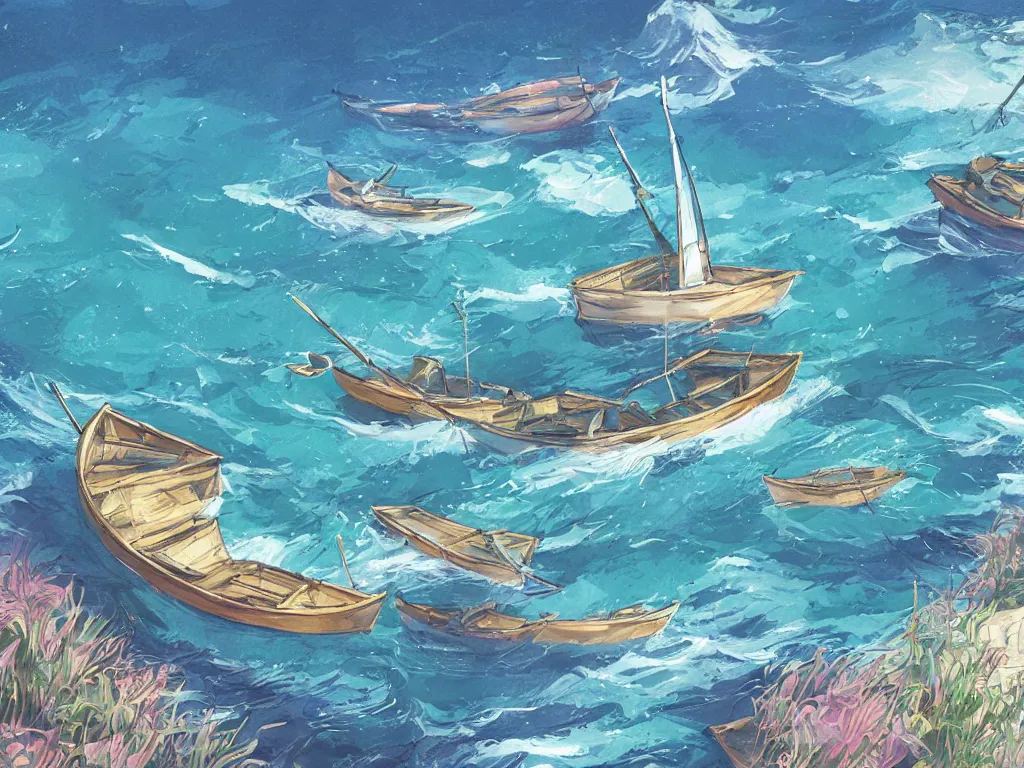 Prompt: sharp focus, breath taking beautiful, Aesthetically pleasing, gouache sea and boats, digital concept art background by Hayao Miyazaki and Studio Ghibli, fine art, official media, high definition, illustration, ambient lighting, HDR, HD, UHD, 4K, 8K, cinematic, high quality scan, award winning, trending, featured, masterful, dynamic, energetic, lively, elegant, intricate, complex, highly detailed, Richly textured, Rich vivid Color, masterpiece.