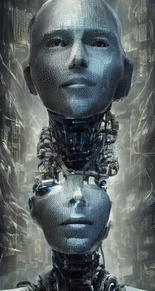 Image similar to hyperrealistic mixed media portrait of a Robot of Vladimir Putin forward angle, stunning 3d render inspired art by P. Craig Russell and Barry Windsor-Smith + perfect facial symmetry + dim volumetric lighting, 8k octane beautifully detailed render, post-processing, extremely hyperdetailed, intricate futuristic mechanic parts, epic composition, grim yet sparkling atmosphere, cinematic lighting + masterpiece, trending on artstation