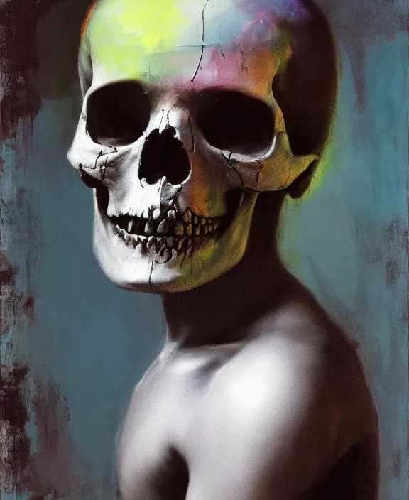 Image similar to a boy wearing a skull by jeremy mann, ultraviolet colors