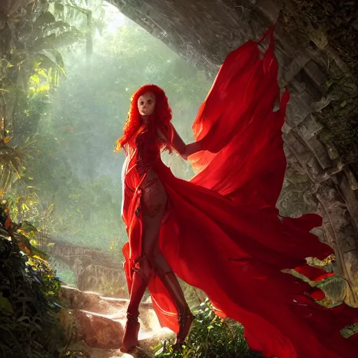 Prompt: portrait of a female draconic sorceress with curly red hair wearing a red dress and a red coat exploring the ruins of an abandoned maya city in the jungle, fantasy, highly detailed, digital painting, artstation, concept art, character art, art by greg rutkowski and tyler jacobson and alphonse mucha