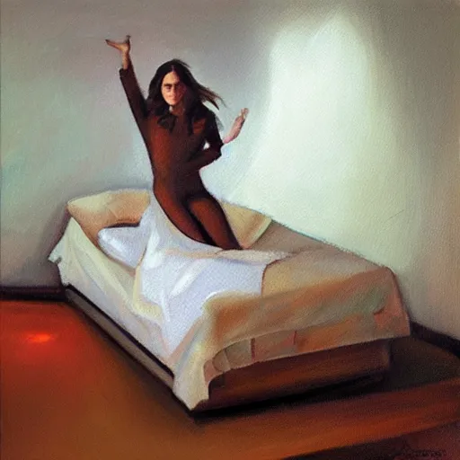 Prompt: oil painting of a slim man with long straight brown hair getting up from a bed with raised arms. evocative. artistic. volumetric lighting