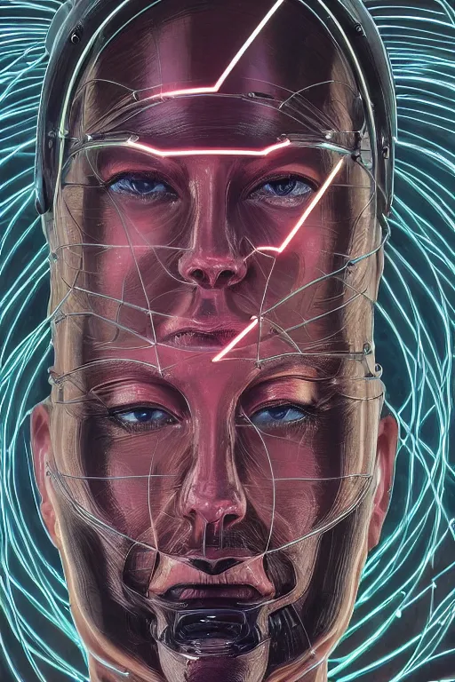 Prompt: organic cyborg head wrapped in barb wire lasers by Hajime Sorayama and Jamie Coreth, trending on artstation, centered, symmetrical, rim lighting, electric hair, bilateral symmetry, 80s poster, polished, thick smoke, retro dark vintage sci-fi, 2D matte illustration