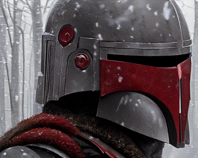Image similar to a mandalorian with a red and grey helmet facing a long dark haired man, from side view close up, in a snowy forest setting, hard edges concept art, highly detailed, great cinematic lighting, 8 k, depth of field, 3 d, art by greg rutkowski, trending on artstation, cinematographic shot
