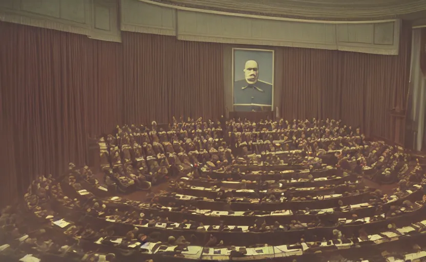 Prompt: 60s movie still of a stalinist style parlement with a giant portrait of Vladimir Lenin, by Irving Penn , cinestill 800t 35mm eastmancolor, heavy grainy picture, very detailed, high quality, 4k, HD criterion, precise texture