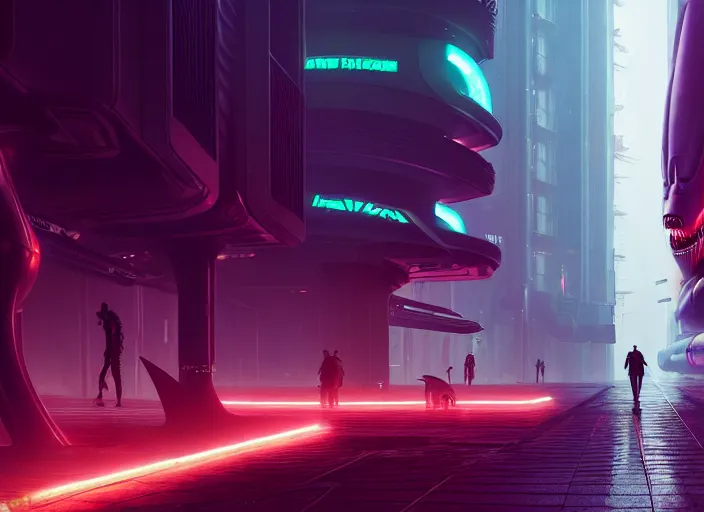 Prompt: a xenomorph colony blade runner 2 0 4 9 city architecture, spacex starship rocket launch, environmental lighting, stromy weather, ray tracing, people walking in street, amazing view, futuristic, highly detailed, heavy traffic, neon shops, octane render, unreal engine 5, artstation, 4 k