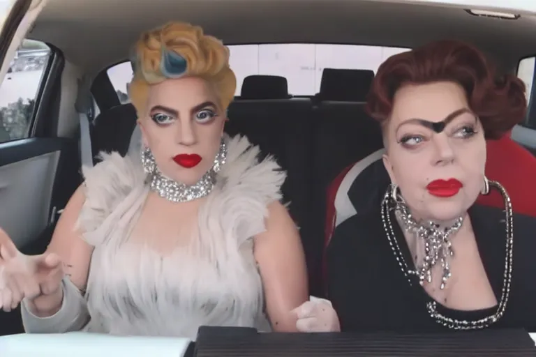 Image similar to lady gaga and judy garland doing carpool karaoke, lady gaga and judy garland, carpool karaoke, lady gaga, judy garland, carpool karaoke, youtube video screenshot, the late late show with james corden, higly realistic, high resolution, dashcam