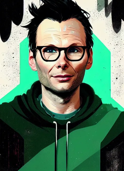 Image similar to highly detailed closeup portrait of beautiful christian slater, stubble, old, as mr robot by atey ghailan, by greg rutkowski, by greg tocchini, by james gilleard, by joe fenton, by kaethe butcher, gradient green, black and white color scheme, grunge aesthetic!!! ( ( graffiti tag wall background ) )