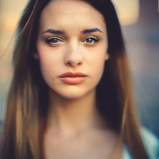 Prompt: closeup photo of a beautiful woman face, golden hour, 8 0 mm lens, polaroid