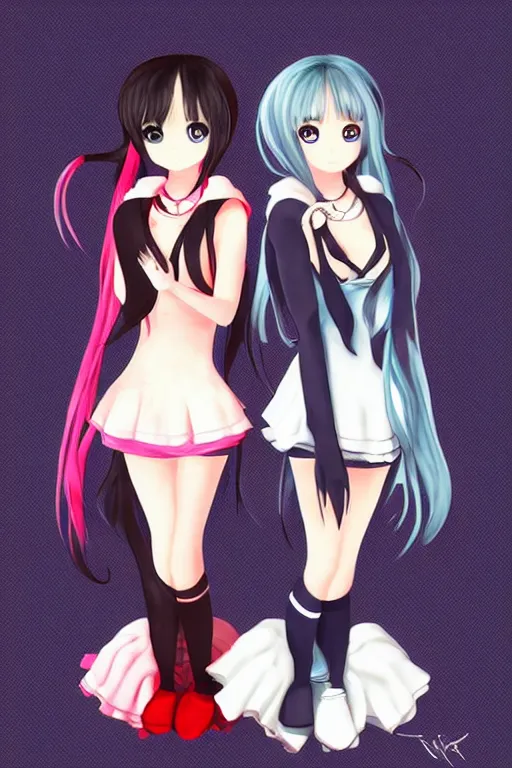 Prompt: two beautiful female idols with twintails standing chest to chest, dark background, digital art