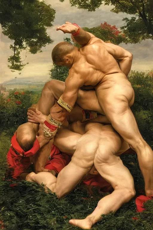 Prompt: Joe Biden wrestling Vladimir Putin, golden hour, in a garden, artstation, by J. C. Leyendecker and Peter Paul Rubens,