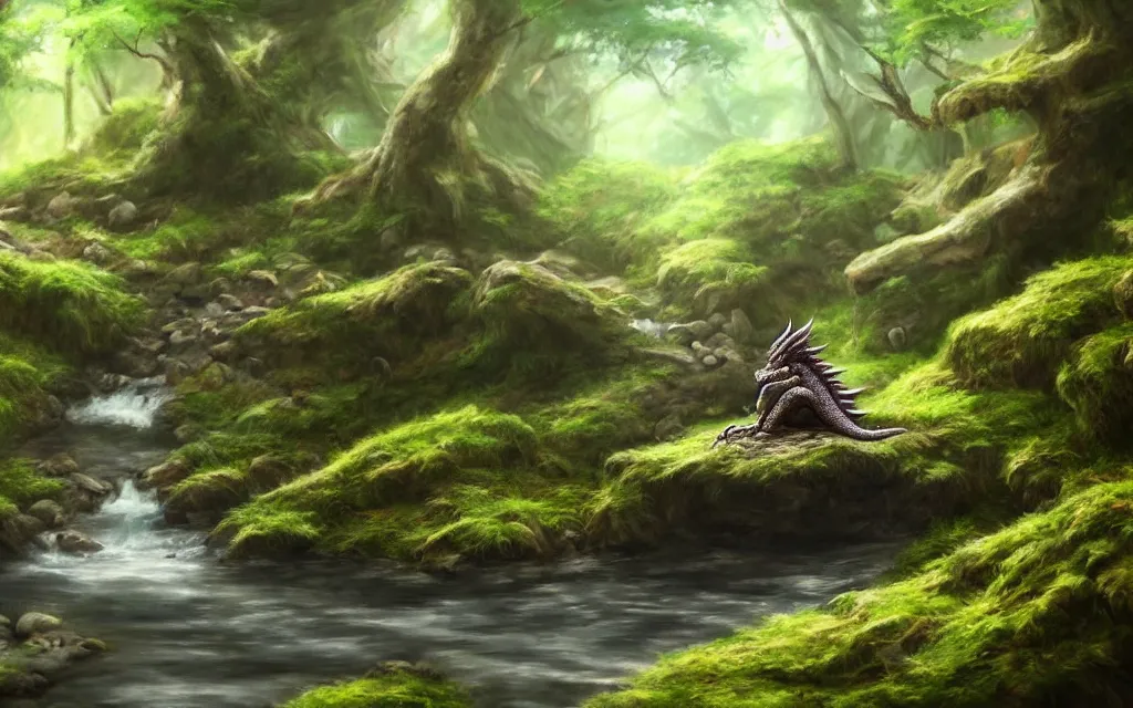 Prompt: A single dragon sitting on a rock within a woodland creek, highly detailed, trending on pixiv, realistic oil paint artwork made in 2020.