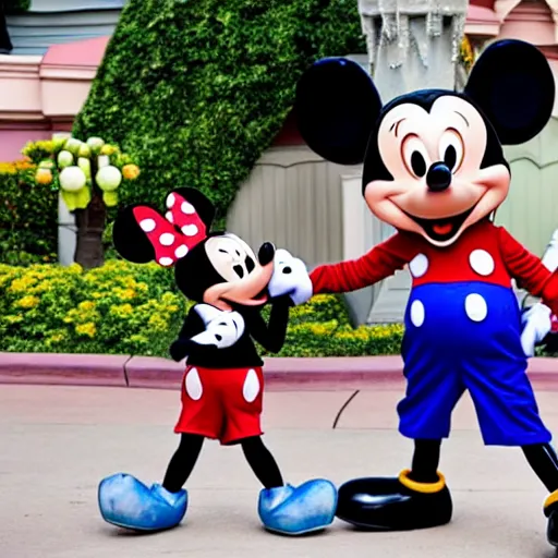 Prompt: the Mickey Mouse character at Disneyland beating up a child