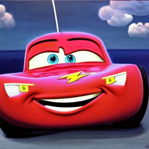 Image similar to a surrealist painting of Lightning McQueen,