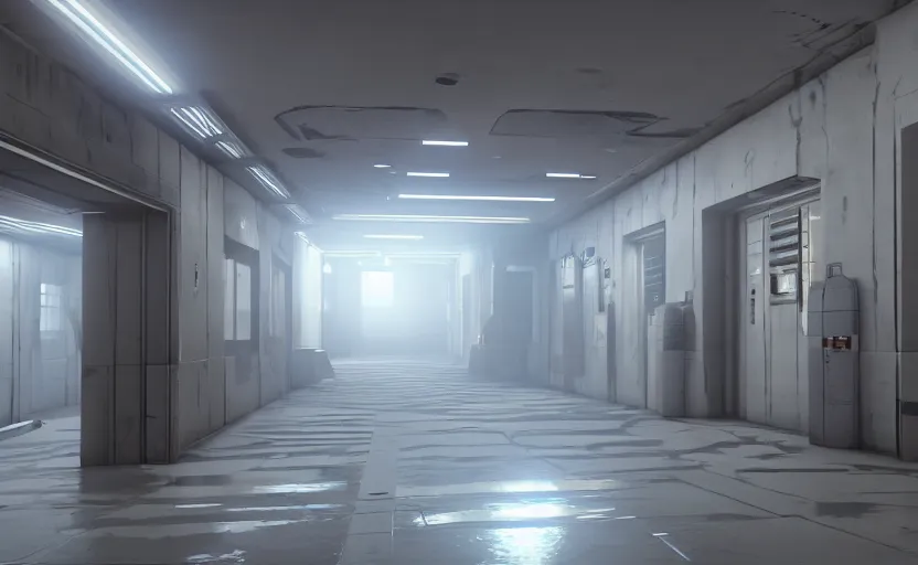 Image similar to screenshot of a first person shooter game on unreal engine 5, narrow modern hallways of a government office facility with white dry wall, photorealistic, retrofuturism, concept art, trending on artstation