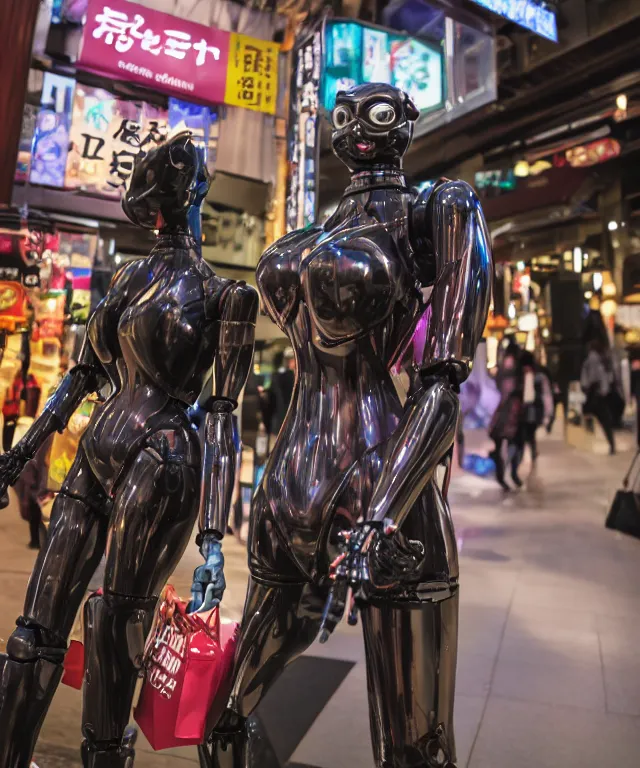 Image similar to high quality presentation photo of an evil robot anthropomorphic catwoman shopping in japan, photography 4k f1.8 anamorphic bokeh 4k Canon Nikon