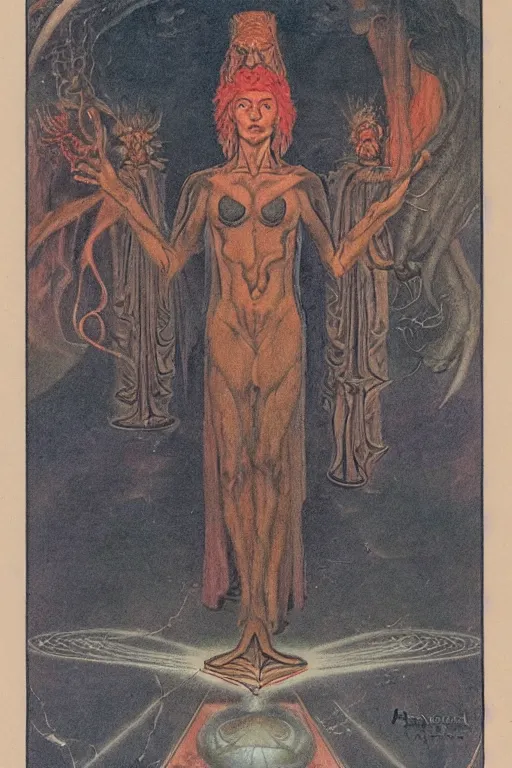 Prompt: the magician tarot card by wayne barlowe and austin osman spare