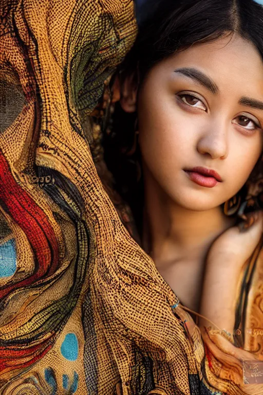 Image similar to beautiful portrait of a girl with an exotic background by Frank Capra, Photography, Portrait, Closeup, Vignette, Chroma, Frontlight, Rim Lighting, Natural Lighting, 8k