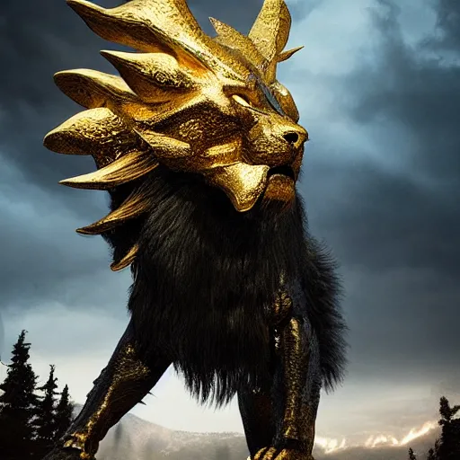 Image similar to black lion's god with fur made from gold lightnings surrounded by epic ancient huge forest and mountains, colossal scale, cinematic shot, hyperdetails, dramatic lighting, by Evgeniy Antonenkov and James Jean