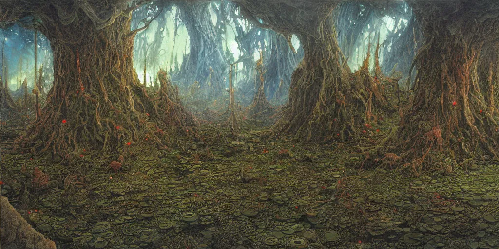 Prompt: Artwork by John Howe of the cinematic view of the Celestial Forest of Buried Enchantments.