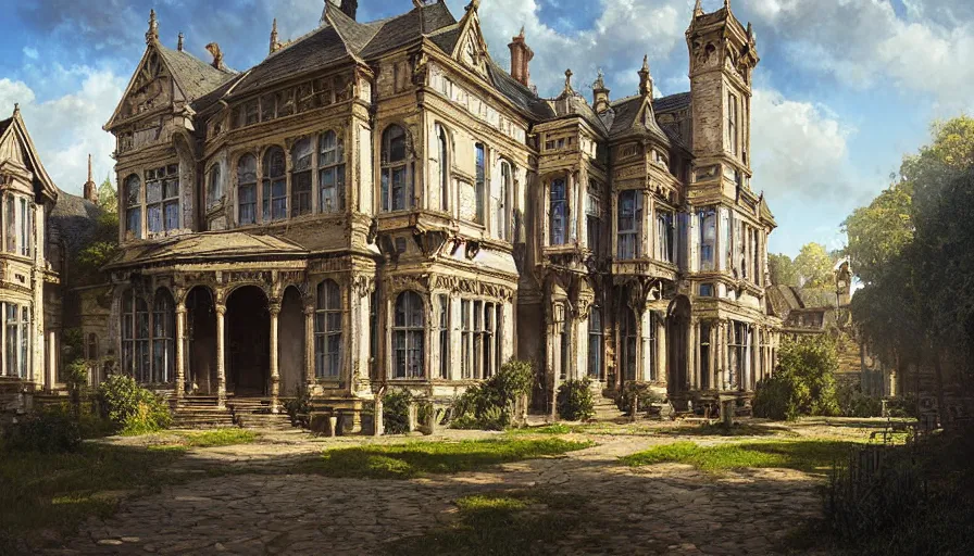 Prompt: portrait of a victorian manor house on a street, courtyard, highly detailed, architecture, sunny, blue sky, cinematic lighting, godrays, volumetric, digital art painting by greg rutkowski