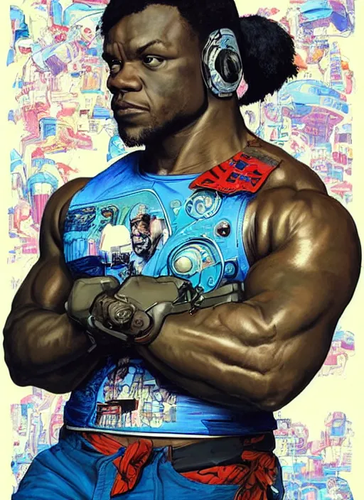 Image similar to chidi igwe. buff cyberpunk weight lifter. robotic arm. portrait illustration, pop art, splash painting, art by geof darrow, ashley wood, alphonse mucha, makoto shinkai ( apex legends )