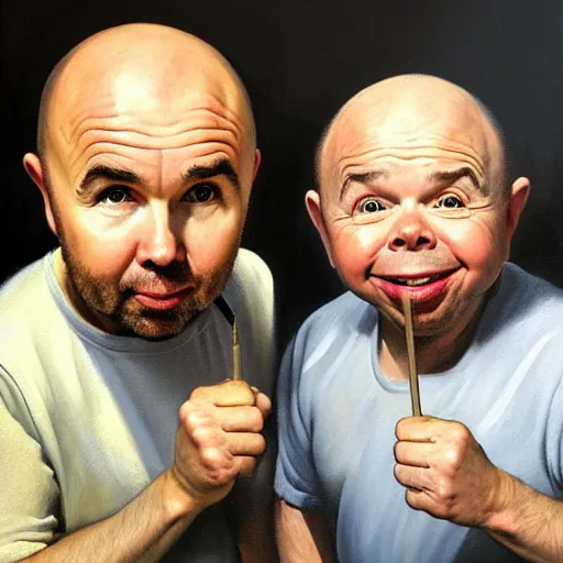 Image similar to oil portrait of karl pilkington and warwick davis, best friends on a travel show. oil painting, highly detailed, centered, artstation, concept art, smooth, sharp focus, illustration, artgerm, vermeer, hans peter mohrbacher, donato giancola, joseph christian leyendecker, drew struzan