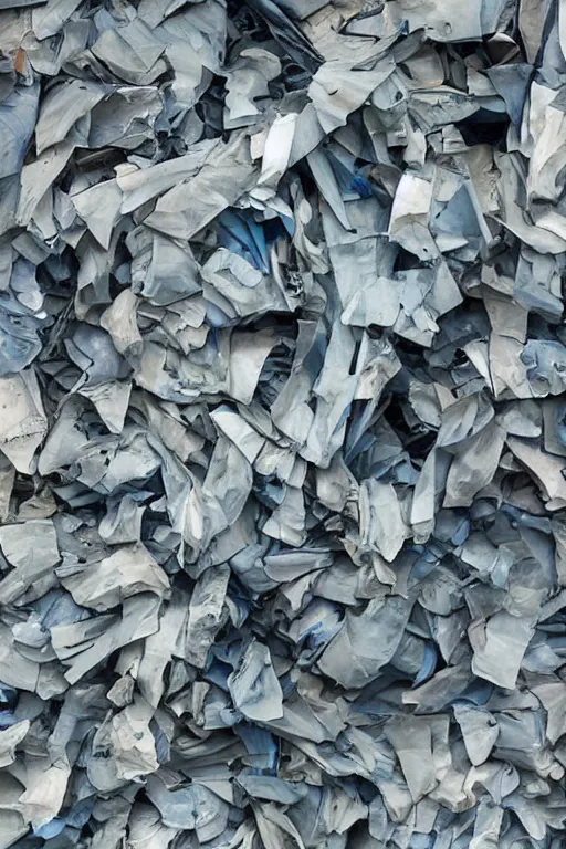 Prompt: painterly warped plastic paper products heap, dull grey expressionism