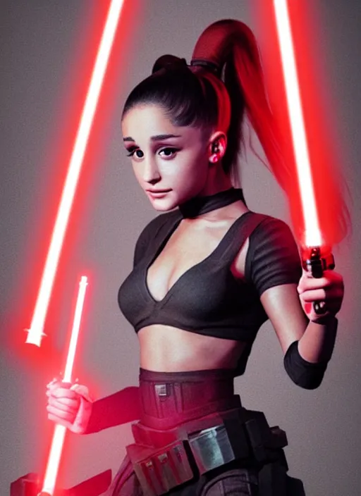 Image similar to Photo of Ariana Grande with a red lightsaber, Star Wars concept art, trending on artstation, dramatic lighting, photo-realistic