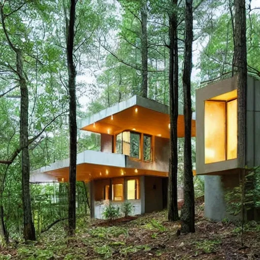 Prompt: a modern ecofriendly house in the woods