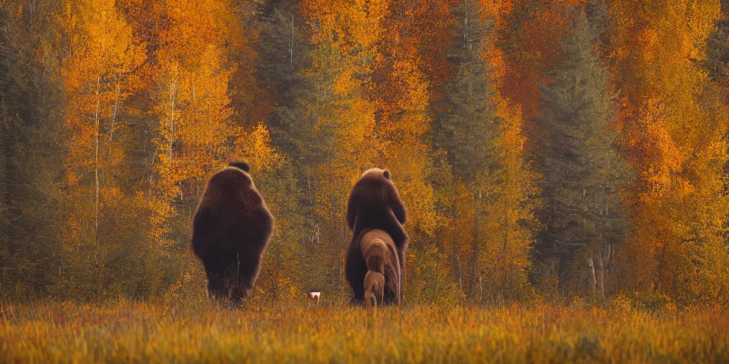 Image similar to back of bob ross riding on the back of brown bear in alaska at fall season, outdoor lighting, realistic, photo, national geographic photo, volumetric, fog