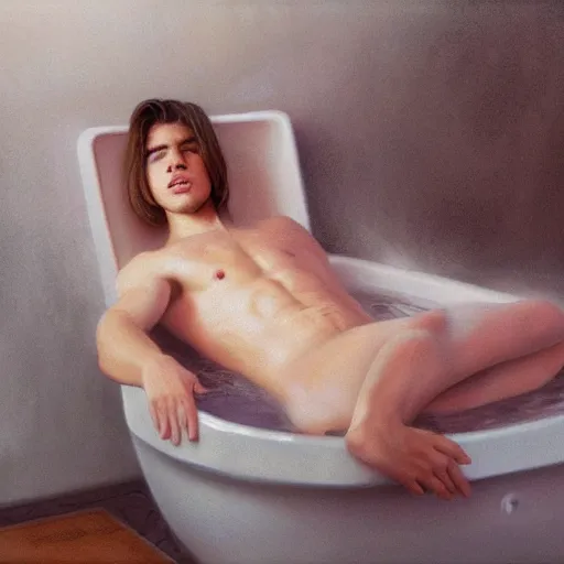 Image similar to justim bieber laying in a bathtub filled with milk, cinematic, cottage core, cinematic focus, polaroid photo bleached vintage pastel colors high - key lighting, soft lights, foggy, by steve hanks, by lisa yuskavage, by serov valentin, by tarkovsky, 8 k render, detailed, oil on canvas