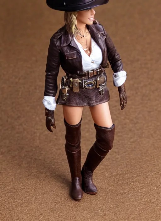 Prompt: 80mm resin detailed miniature of a cow girl, Short brown leather jacket, ten-gallon hat, over-knee boots, navel, thigh skin, on textured disc base; Miniature product Photos, 4K, Full body;
