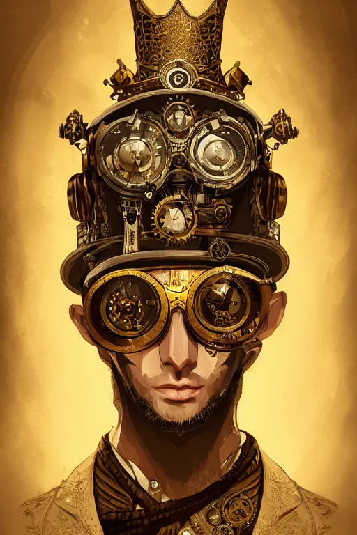 Prompt: a portrait of the steampunk king, yellow eyes, high - contrast, intricate, elegant, highly detailed, digital painting, artstation, concept art, smooth, sharp focus, illustration