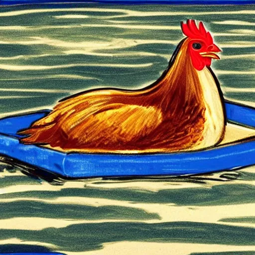 Image similar to digital art of a chicken on a raft, realistic, stylized, artstation, edward munch