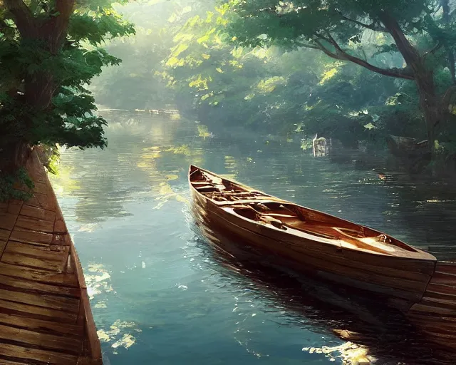 Image similar to a wooden boat in a very narrow river, trees, shady, ripples, reflections. By Makoto Shinkai, Stanley Artgerm Lau, WLOP, Rossdraws, James Jean, Andrei Riabovitchev, Marc Simonetti, krenz cushart, Sakimichan, trending on ArtStation, digital art.