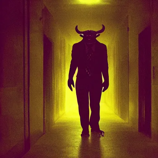 Image similar to A cinematic horror film still of a grotesque monster in a maze of yellow dimly lit hallways.