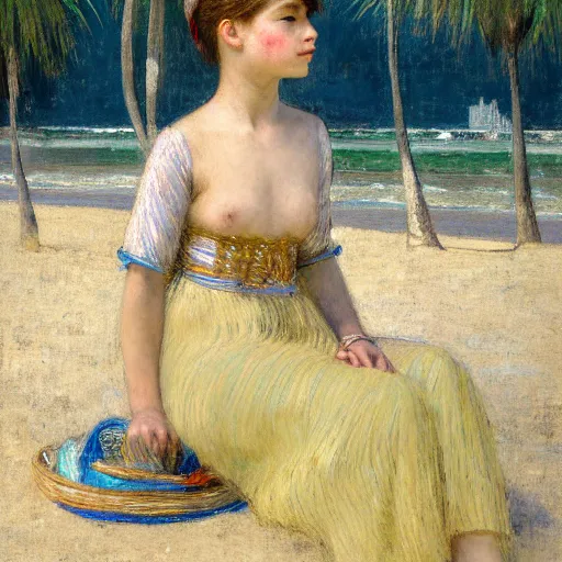 Image similar to a ultradetailed beautiful painting of a girl in the amazonas palace designed by jules bastien - lepage, hans belmer, frank weston and gustave baumann, beach, trending on artstation, mediterranean, palm trees, refracted color sparkles, sharp focus, soft light, 8 k 4 k