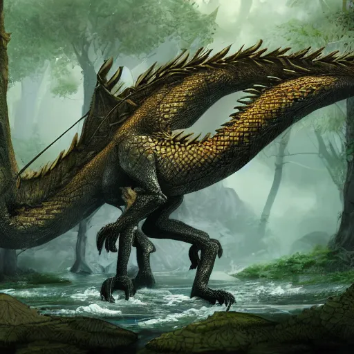 Image similar to a gargantuan dragon idly standing in a forest, peacefully drinking river water, trending on artstation, digital art, 4 k quality