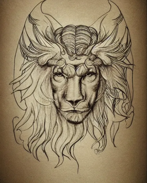 Image similar to human / eagle / lion / ox hybrid. drawn by da vinci